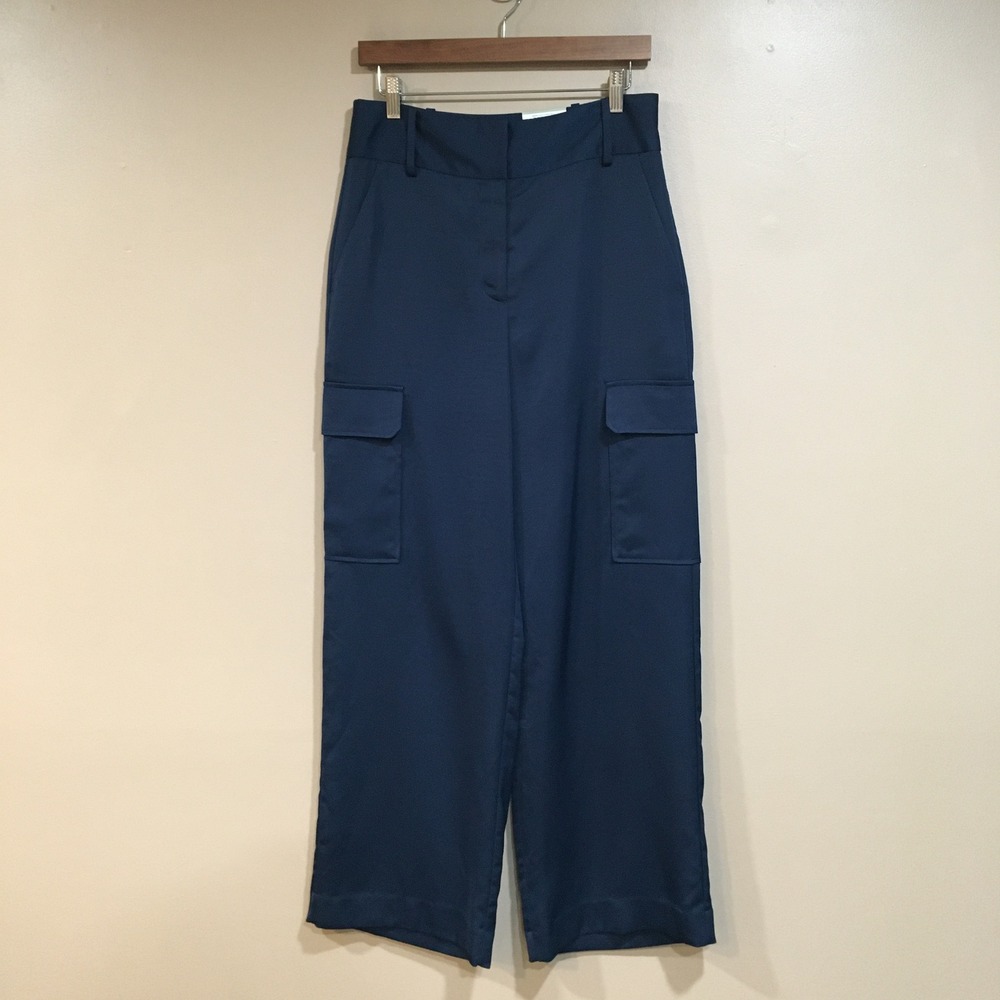 Ryegrass Satin Wide Leg Cargo Pants Womens 6 Navy Blue Streetwear Flowy Silky